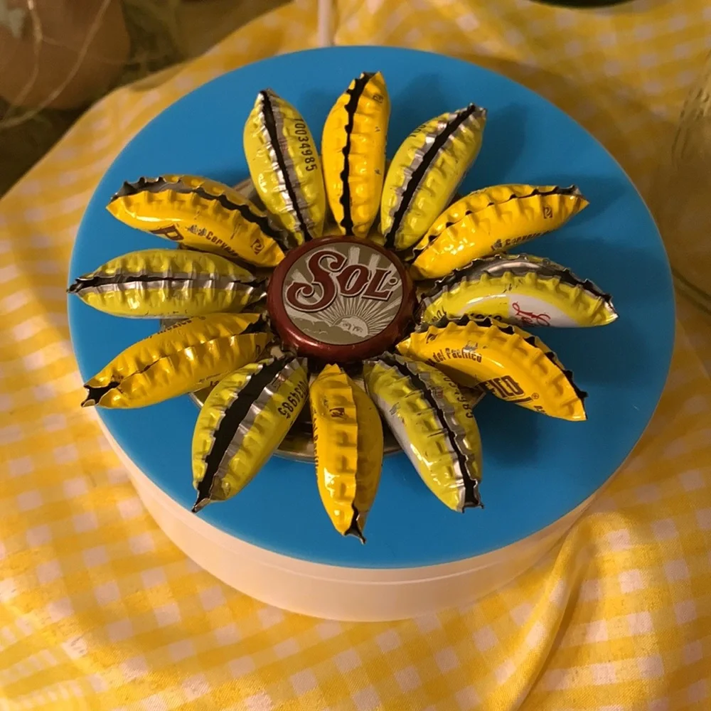 Hand Crafted-Yellow and Burgundy Bottle Cap metal art Flower magnet
